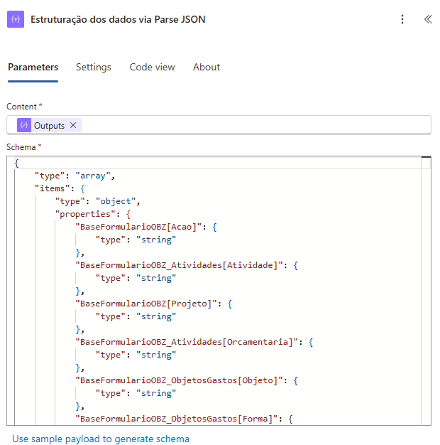 Estruturação via Parse JSON